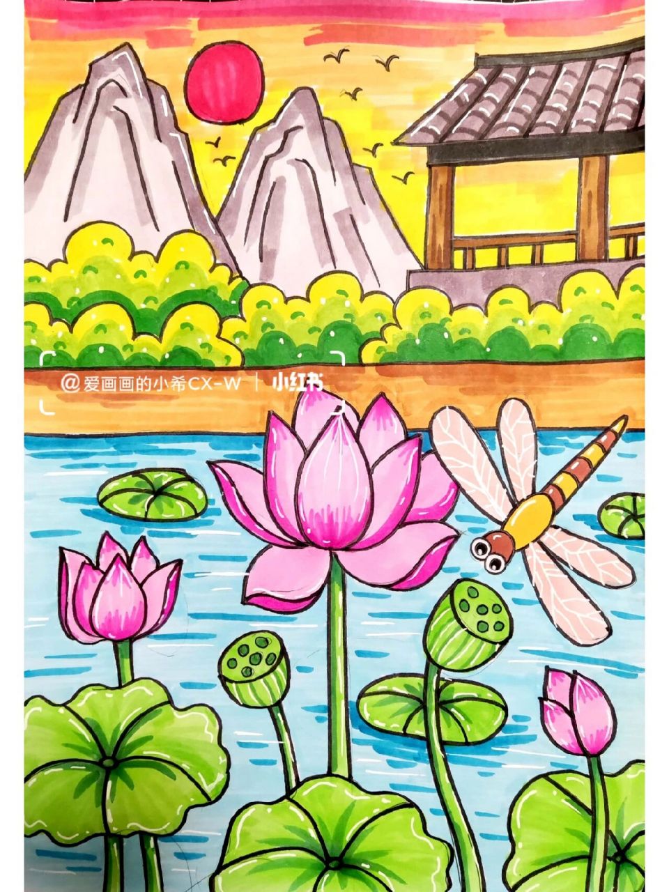 创意风景插画 池塘月色 7415原创荷花插画