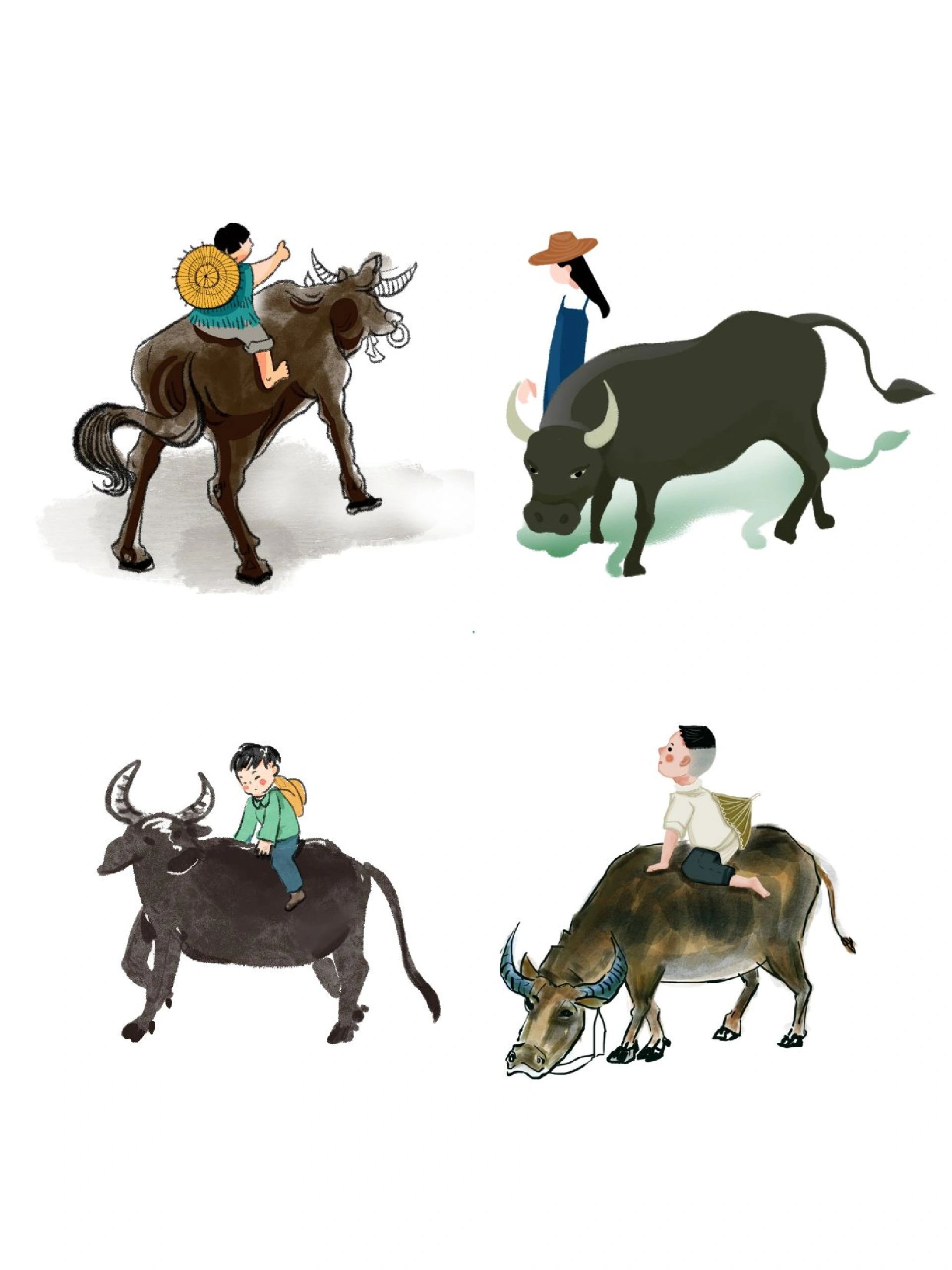 免抠素材|古风放牛娃牧童骑黄牛素材