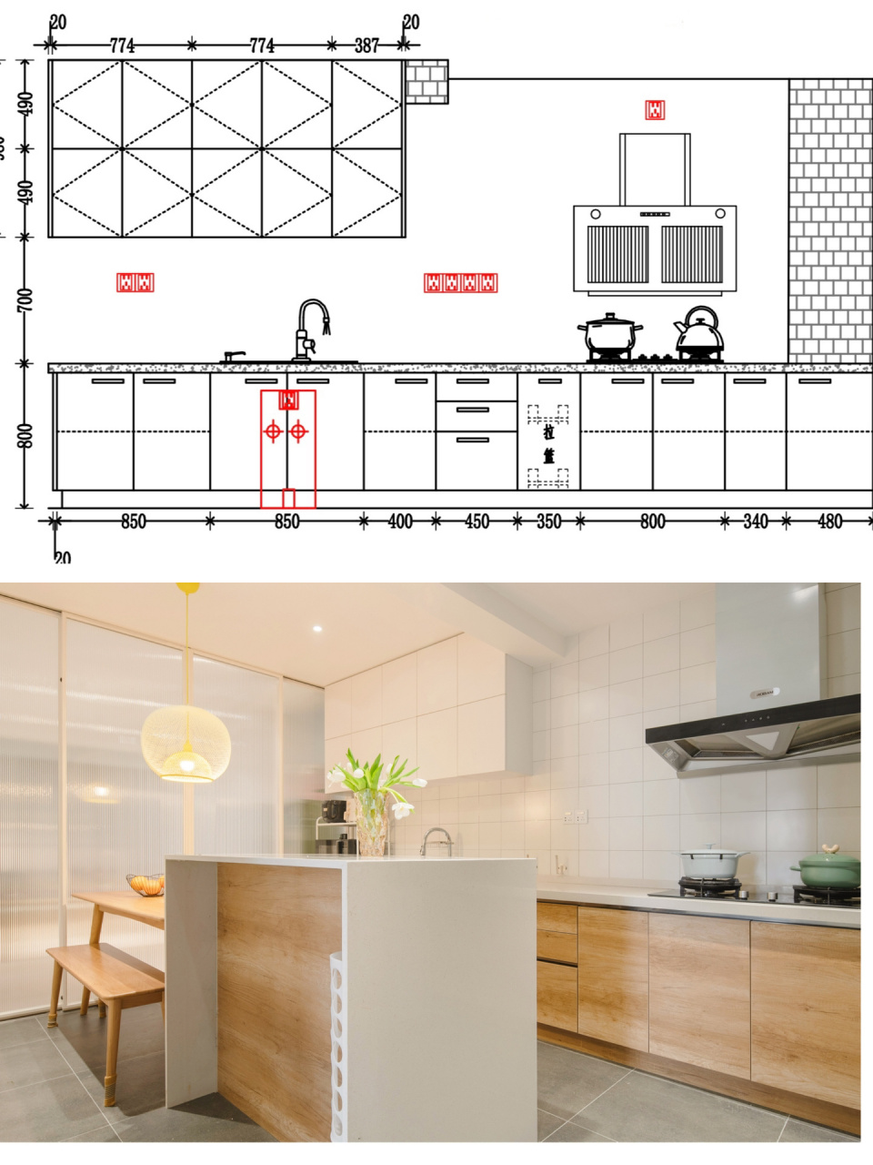 厨房双层吊柜橱柜尺寸和落地实景 为了保住层高,又不想橱柜吊柜顶面落