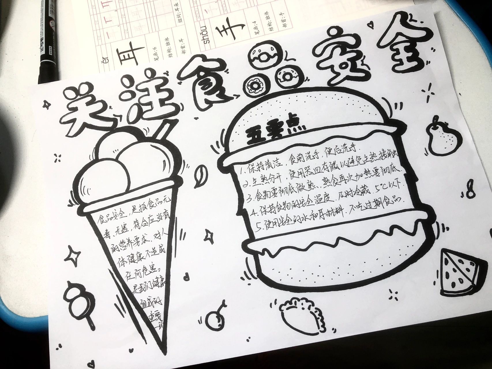 食品安全手抄报,简单黑白色不需要上色 小学手抄报又来了 水彩笔丢