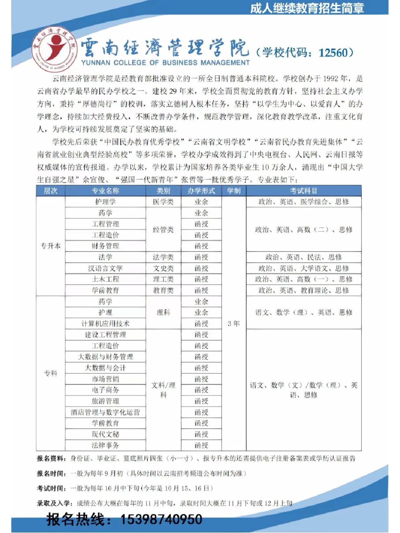 云南经济管理学院成人高考(专科,专升本)招生专业一览表