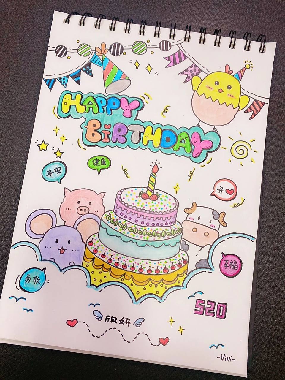 简笔画|生日快乐图 同事女儿520要生日啦 请我帮忙画一幅画 爸爸属猪