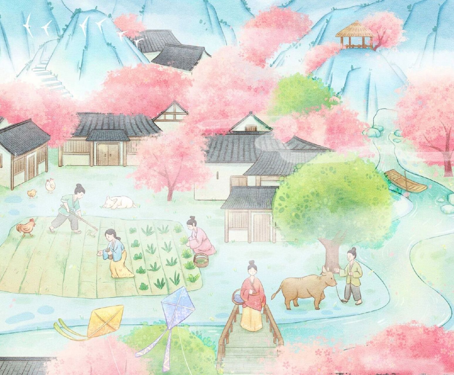 插画|桃花源记 武陵人捕鱼为业.缘溪行,忘路之远近.