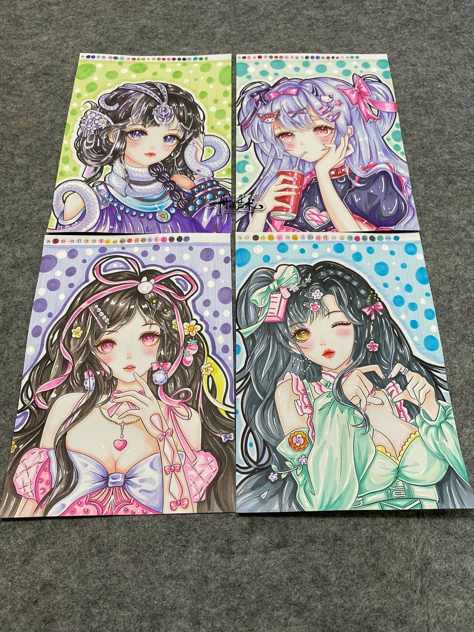 动漫临摹卡,女生半身头像,动漫素材,有线稿,步骤图,完成图,绘画过程