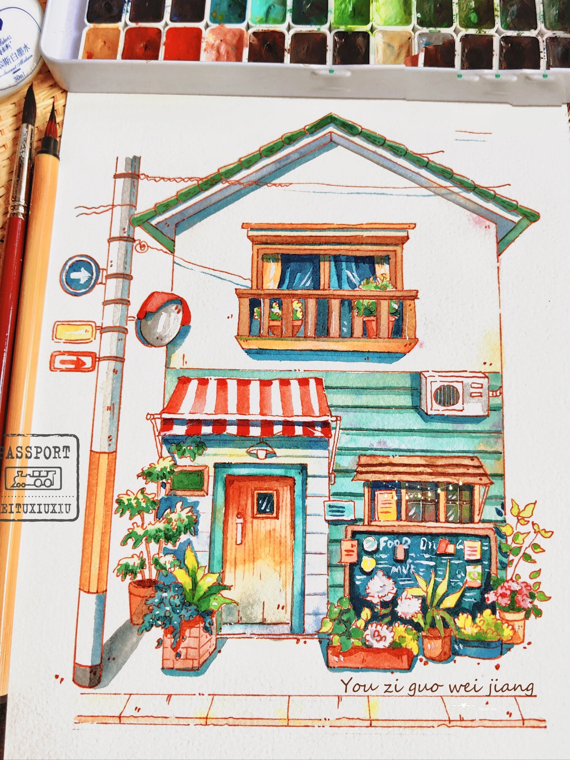 上色啦 田园小餐厅 喜欢画的阳光满满的感觉 是夏天的味道呀 🌟画材