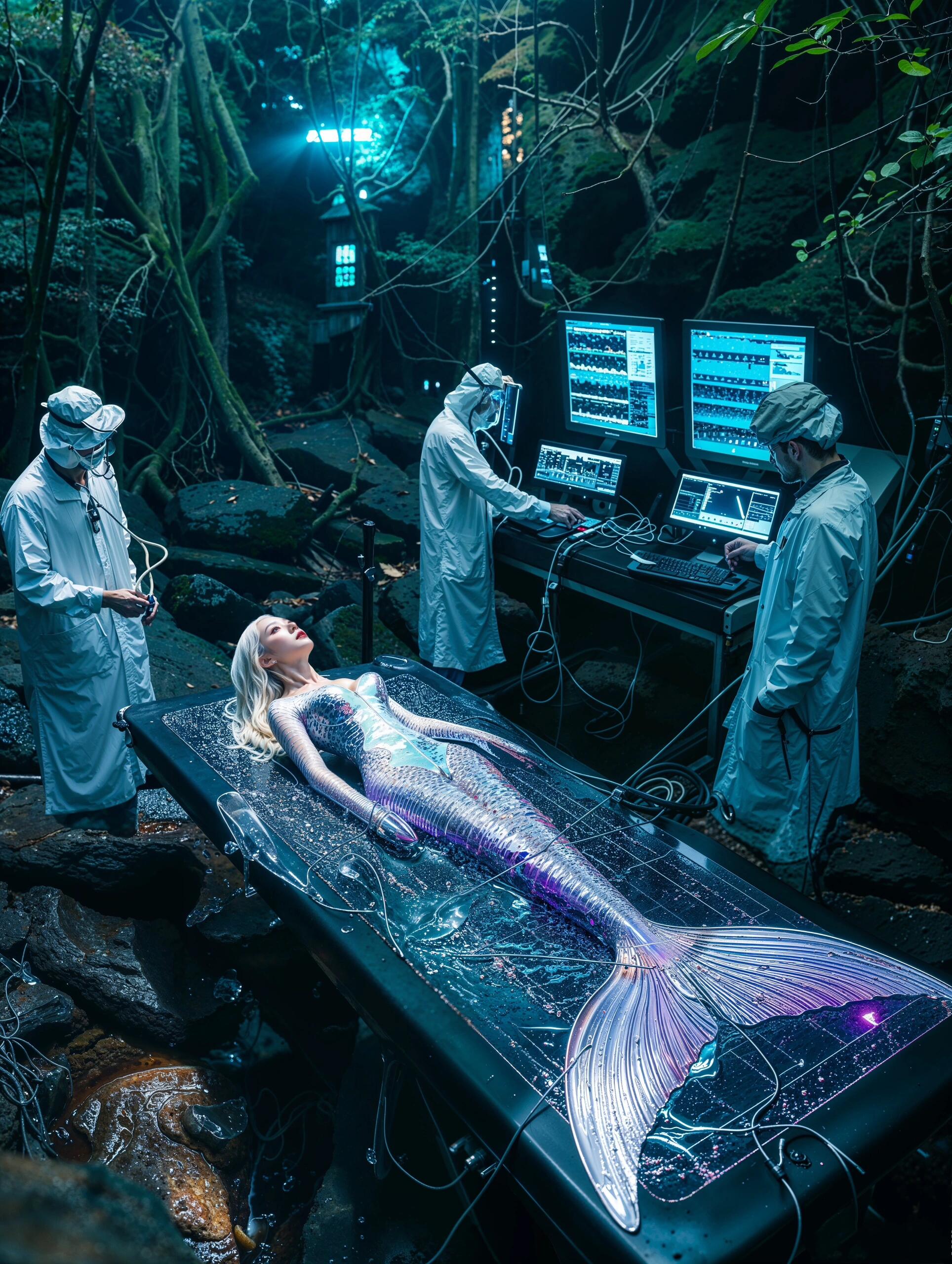 一位拥有银色鳞片的神秘美人鱼,安详地躺在实验室的中央,周围布满了