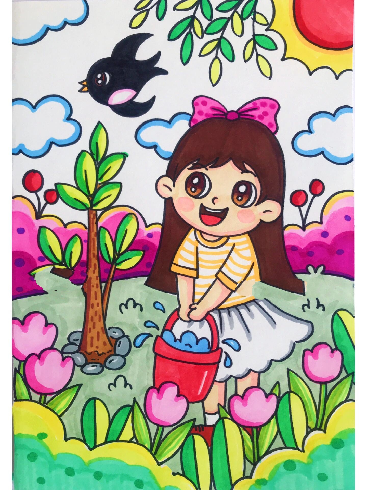 植树节主题儿童画/春天主题儿童画简笔画