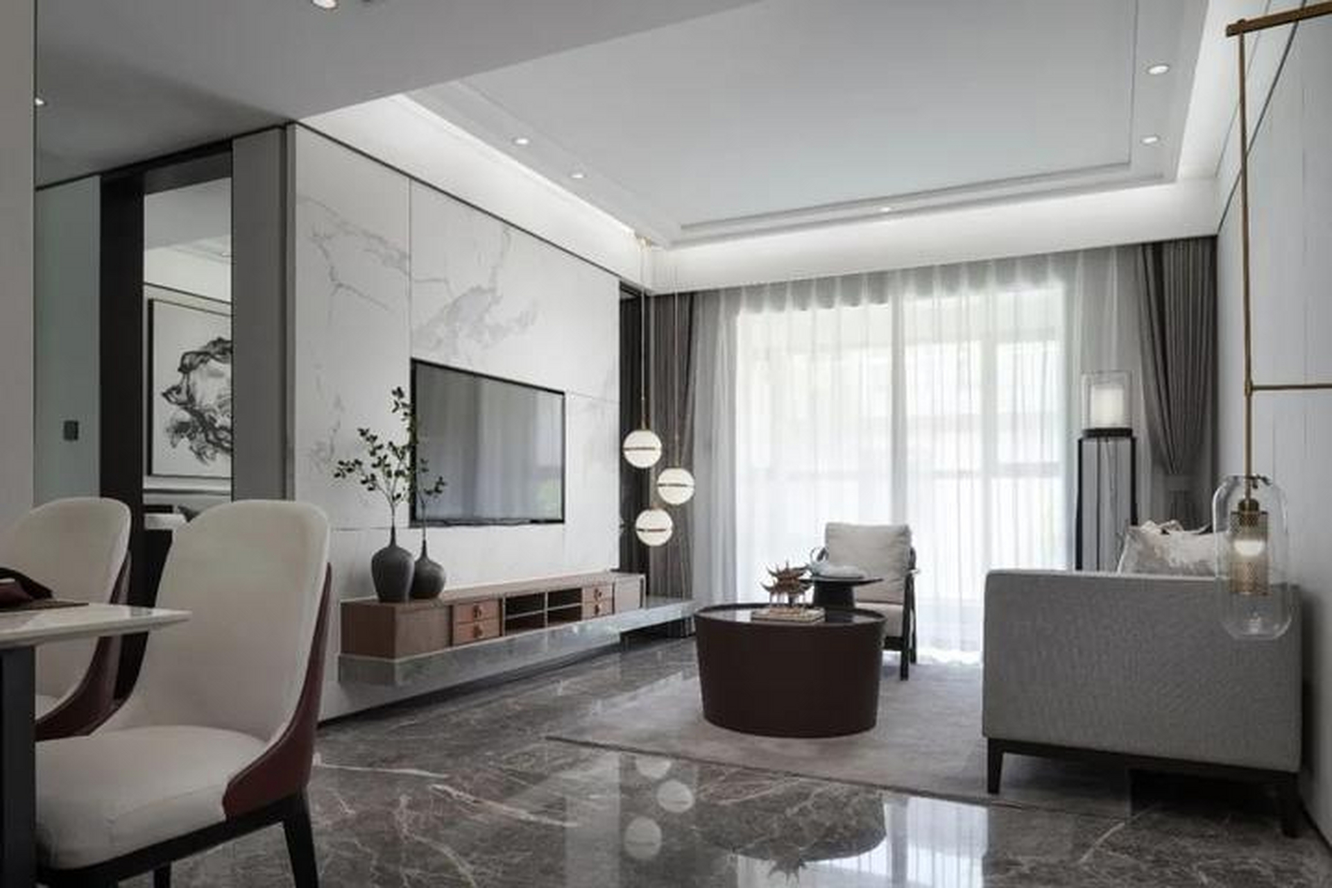 今天推荐一组非常淡雅奢美的100平现代新中式风格装修案例.