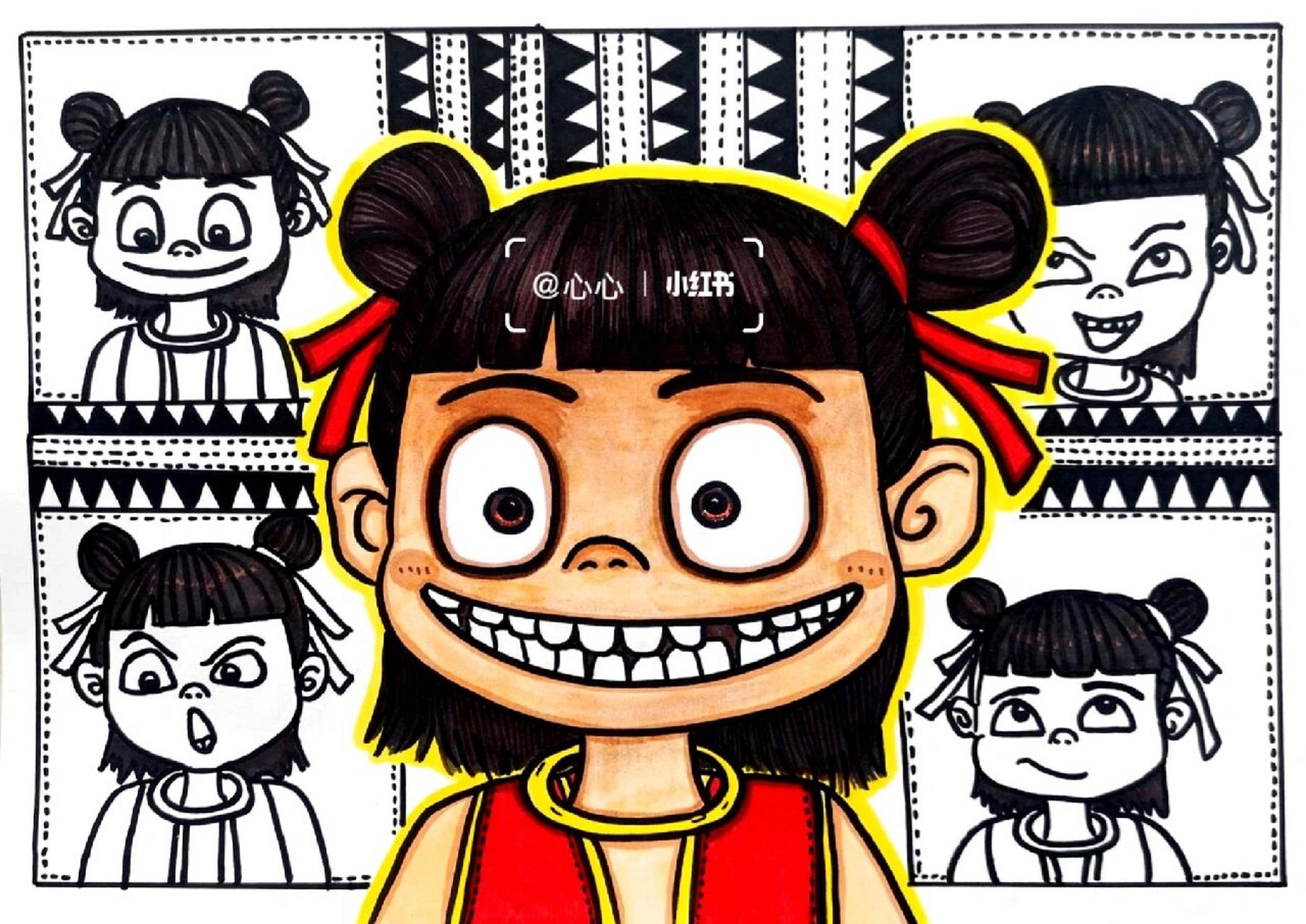 儿童画–哪吒(有课件步骤) 适合7-9岁 画哪吒皮肤的时候,用的橘朵眼影