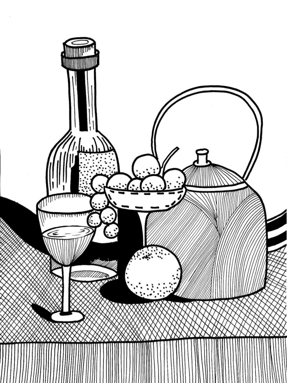 线描儿童画瓶子果子 材料:素描纸,铅笔,橡皮,油性双头记号笔 可作为