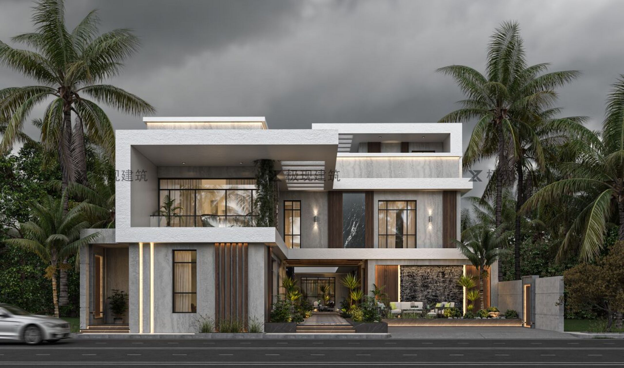 本栋别墅外立面的装饰,选择了黑白灰的精准适配,作为现代简约风格的的