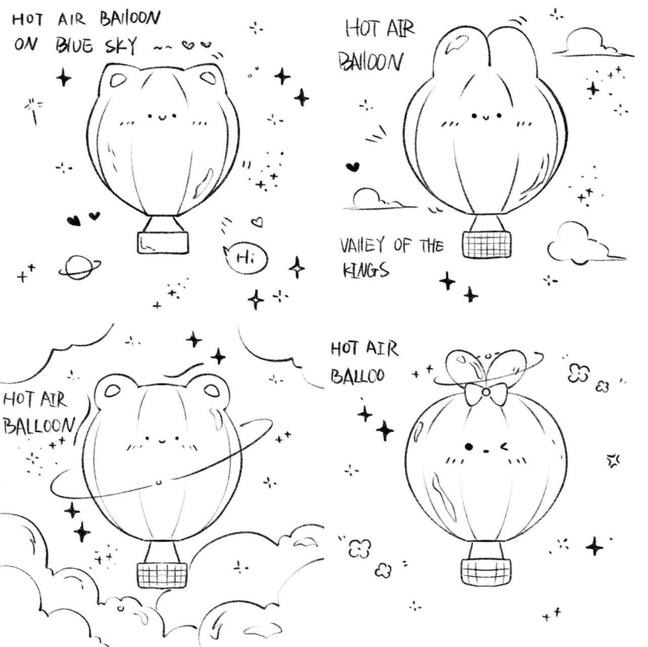 热气球简笔画合集丨黑白ins手帐手绘丨素材  是猫,兔,熊,啾啾兔热气球