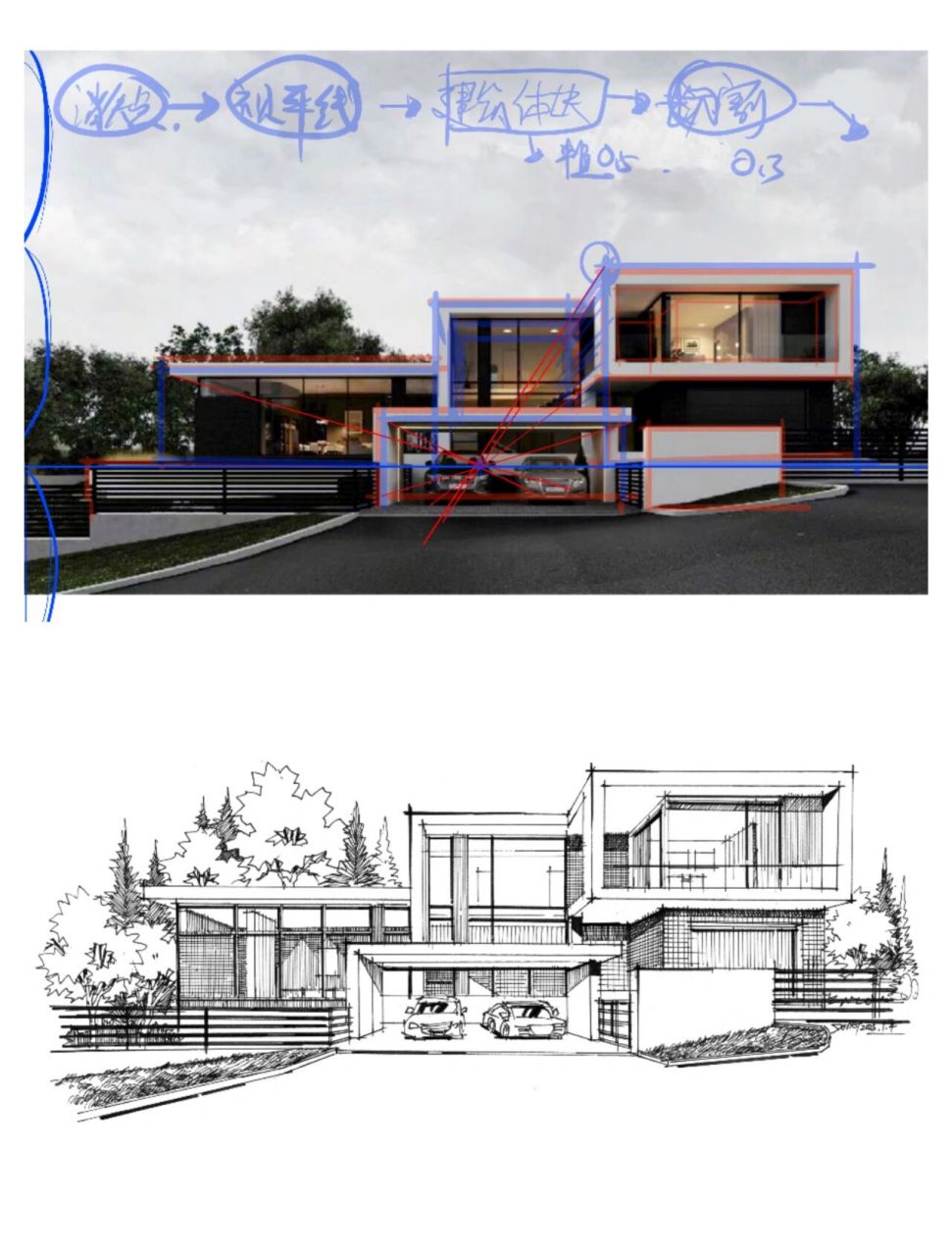 建筑一点透视手绘步骤 第4天课程,建筑效果图手绘步骤图