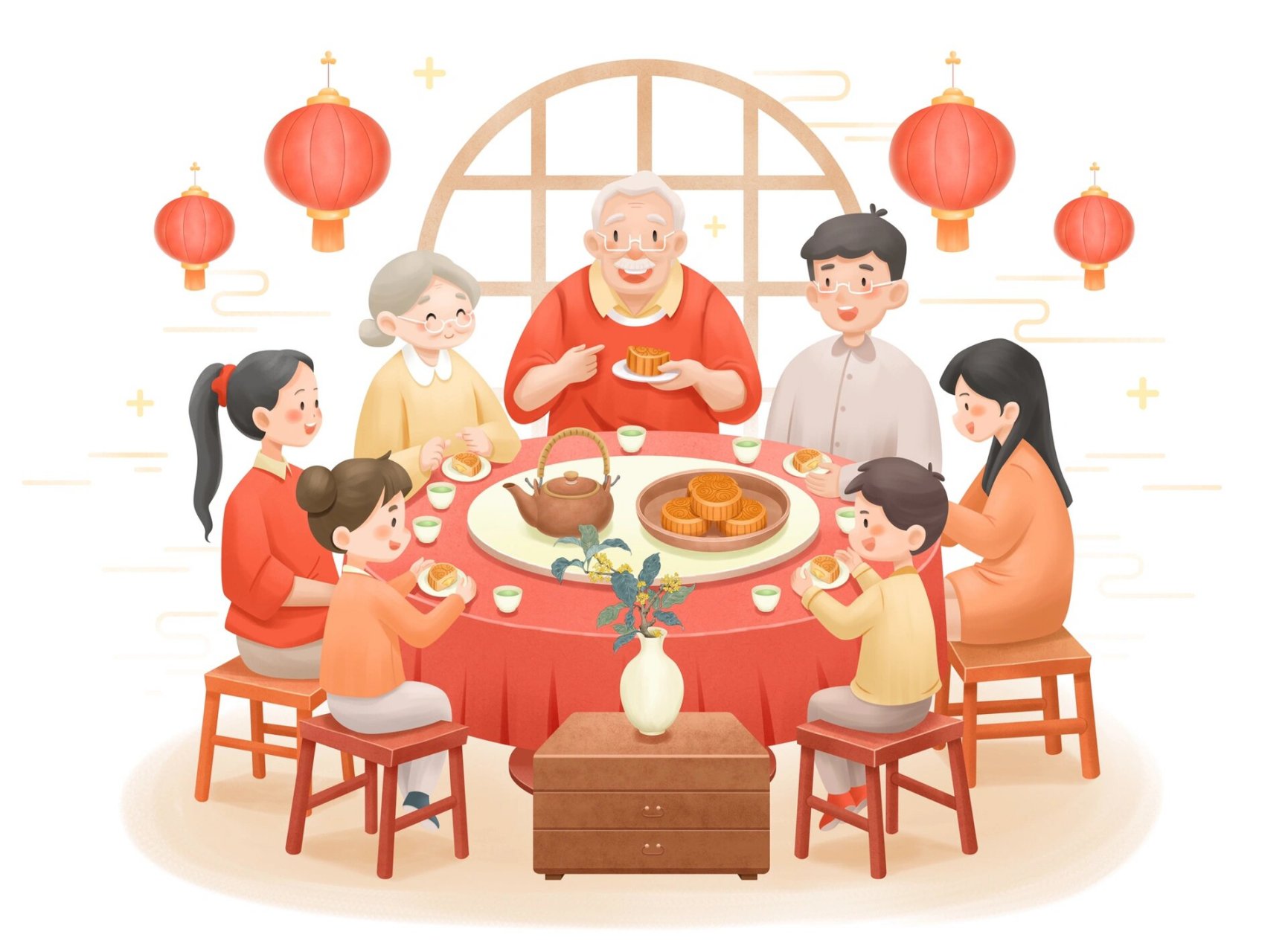 中秋节家人团圆聚餐 8月底画的中秋节插画,丢电脑里