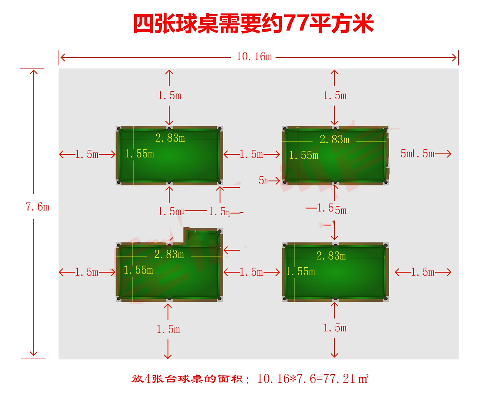摆放一个台球桌需要约26平米 标准中式台球桌尺寸为1.55米 x2.
