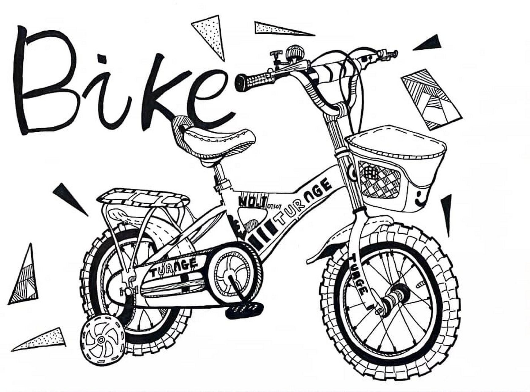 黑白线描自行车写生素材打印图