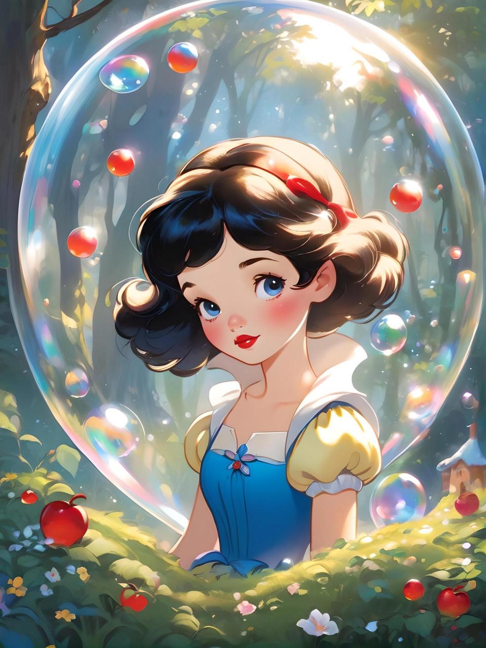 9878 画面中的白雪公主,皮肤如雪,唇红齿白,黑发如瀑,她那双明亮
