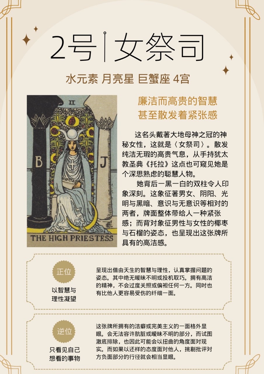 塔罗牌意|女祭司牌意 正位逆位 巨蟹 2号1女祭司 水元素 月亮星 巨蟹