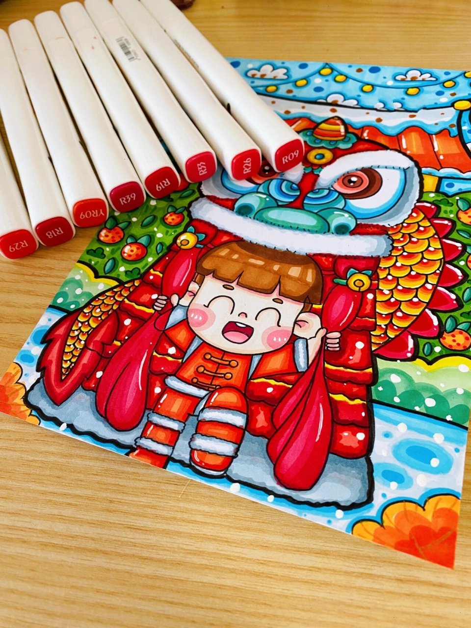儿童画|《新年舞龙》|马克笔绘画 知识点来自汤圆老师临摹注明出处