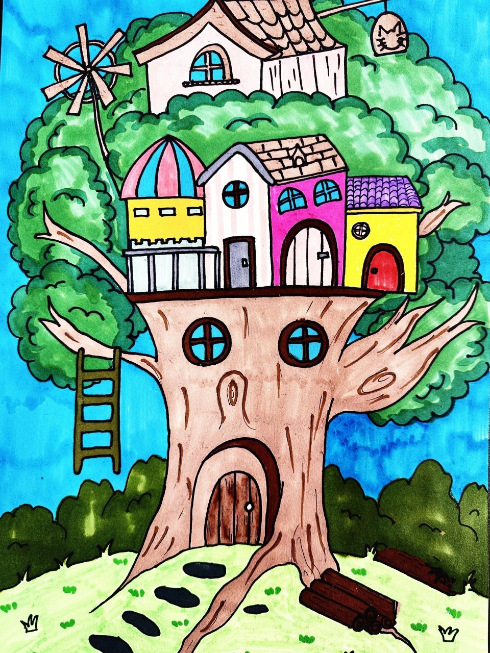 教程【创意儿童画】《有趣的树屋》 适龄阶段:5-7岁 绘画材料:马克笔