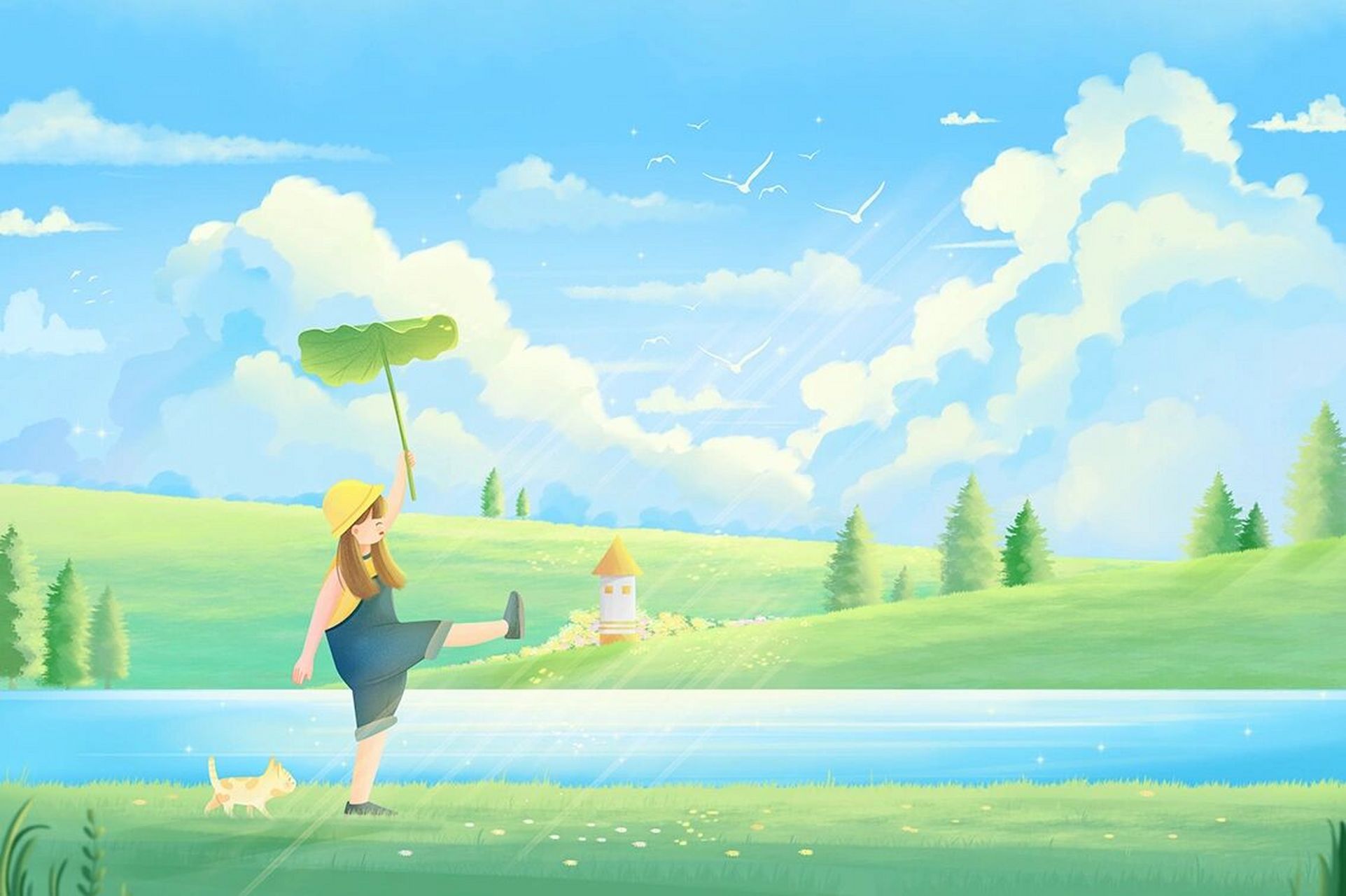 唯美治愈夏日插画壁纸 ╭══╮ ╭═══════╮ ╭╯整个夏天 ║