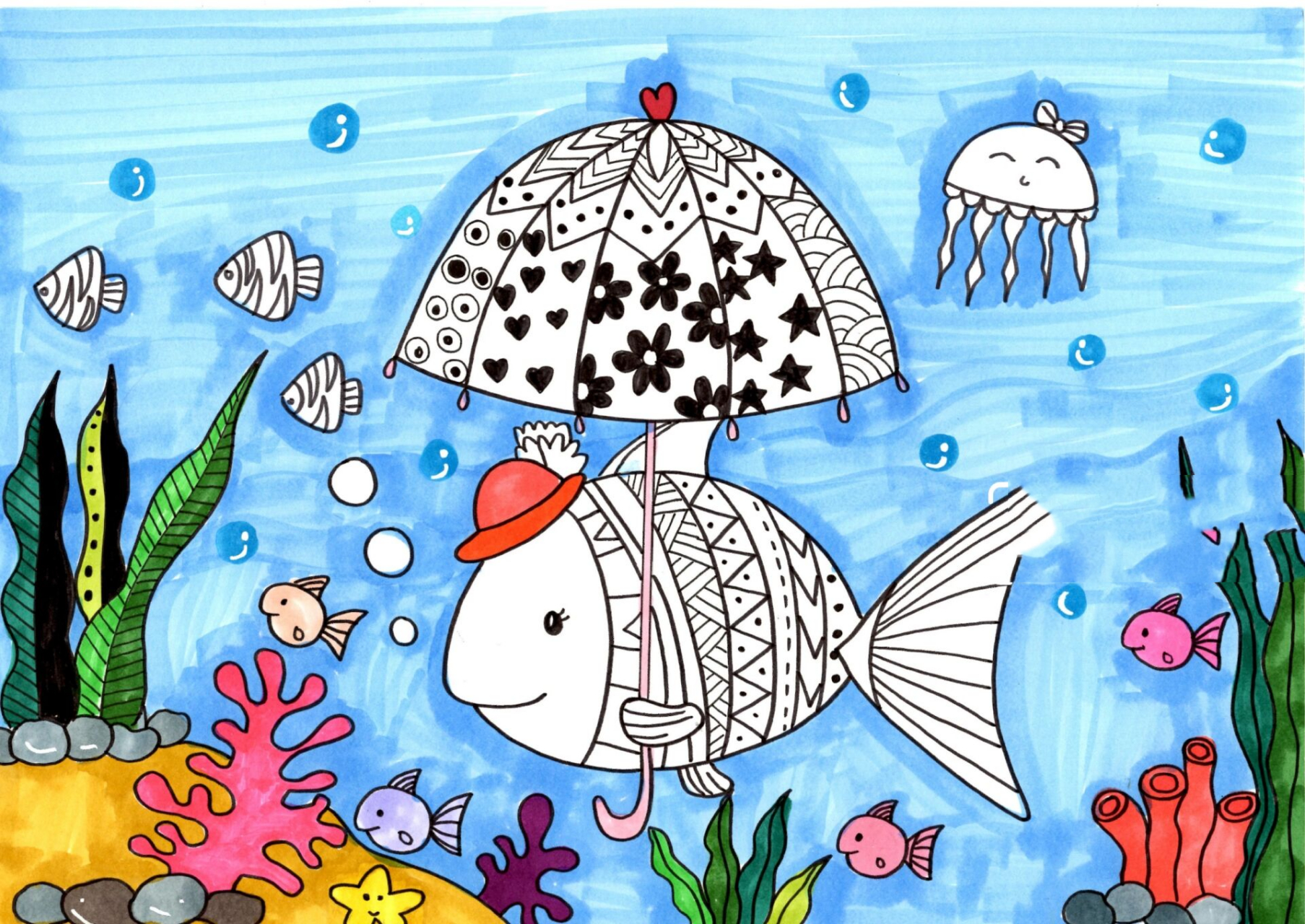 (附大图)彩色创意线描画儿童画创意美术