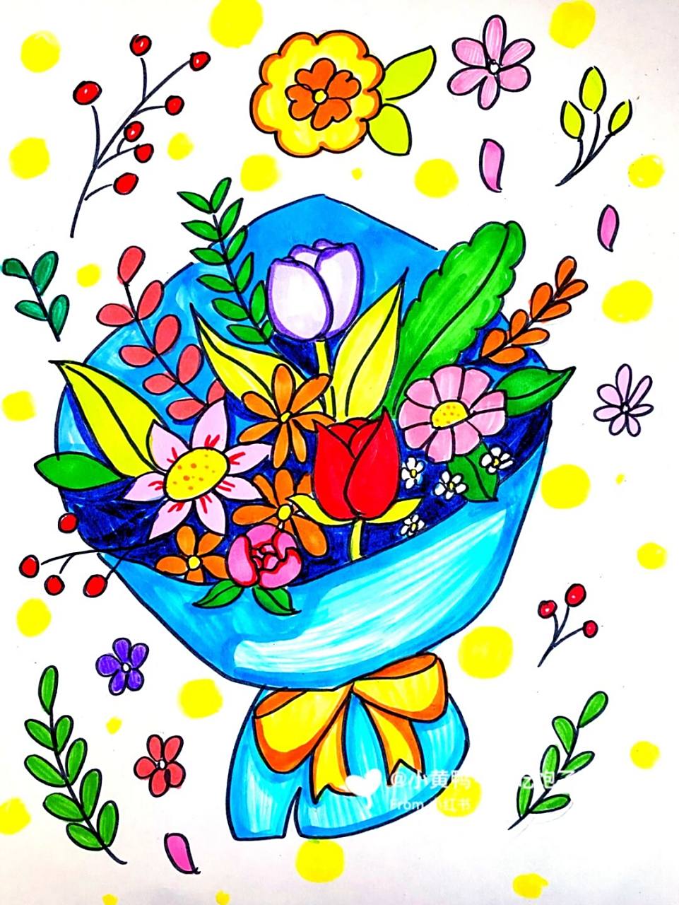 花束儿童画 #卡通画# #马克笔# #儿童画# #花卉儿童画# #花束主题画