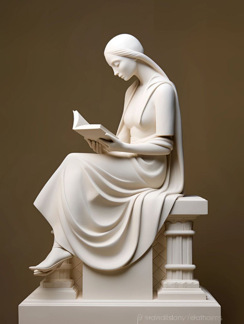 a white statue of a woman reading a book, in the style of