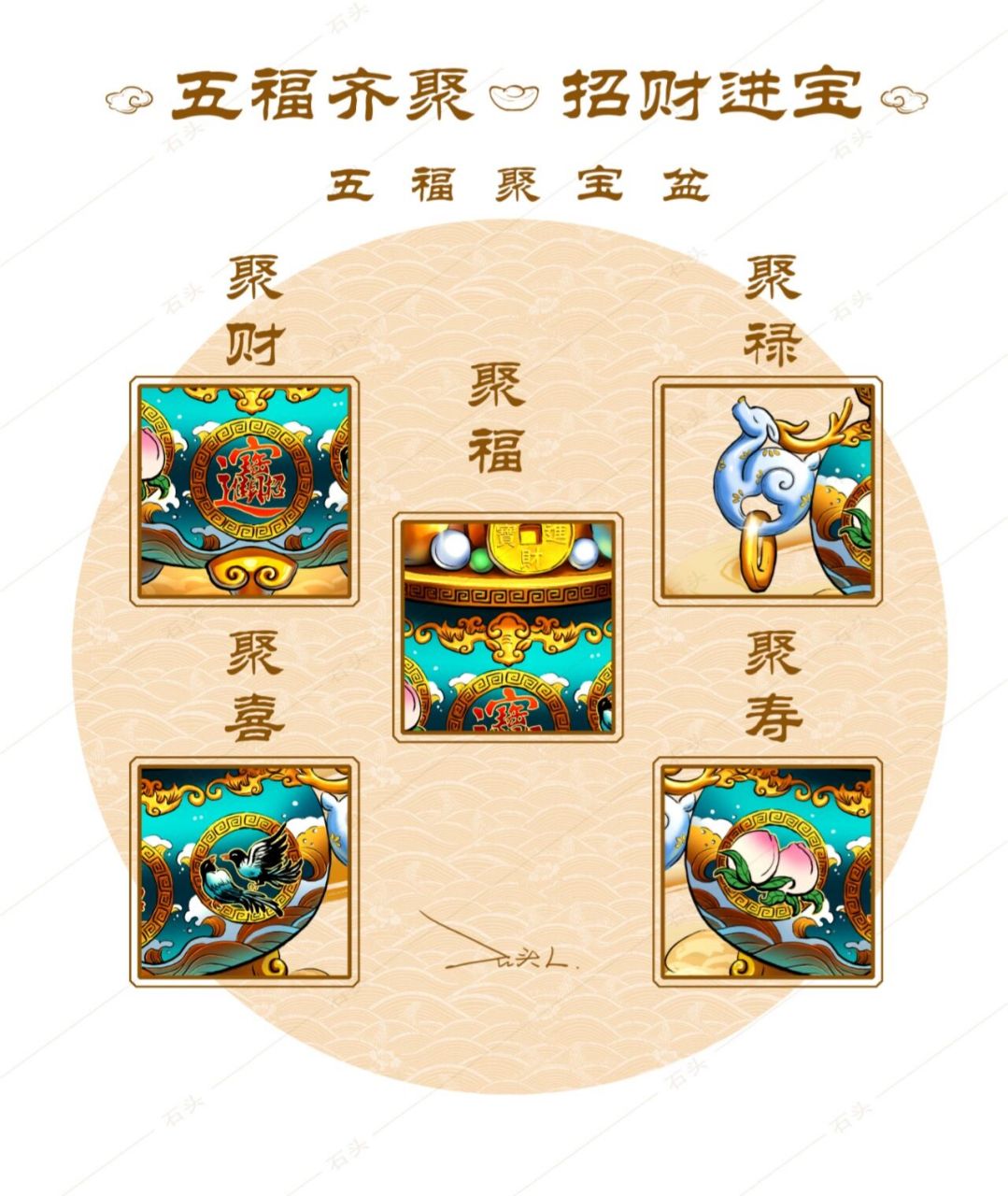 结合"福,禄,喜,寿,财"民间"五福"的吉祥图案创作的"聚宝盆"形象