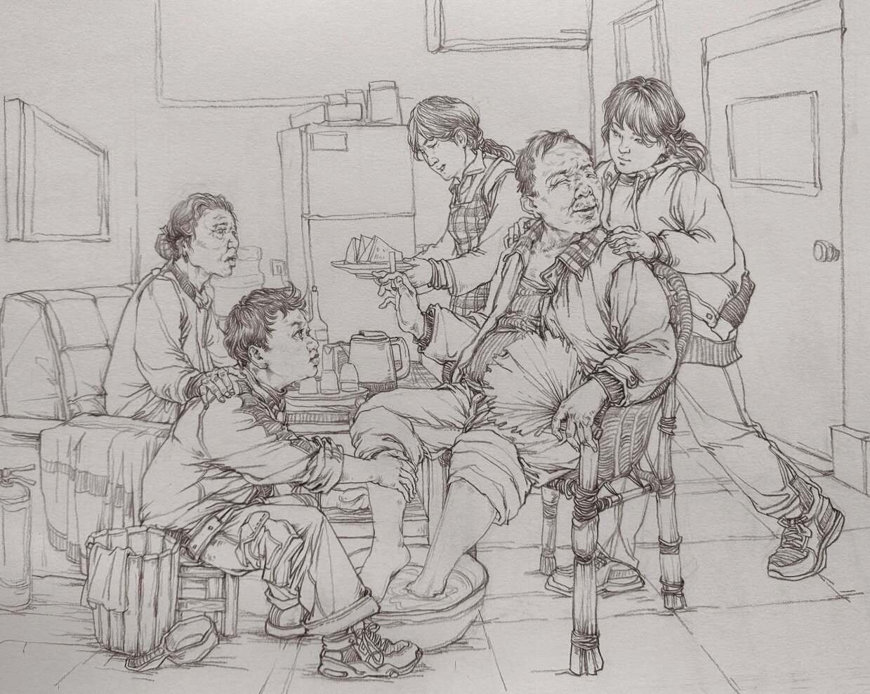 二次创作剪纸画:感恩,敬老 传统速写表现方式,根据此画可吸收其 层次