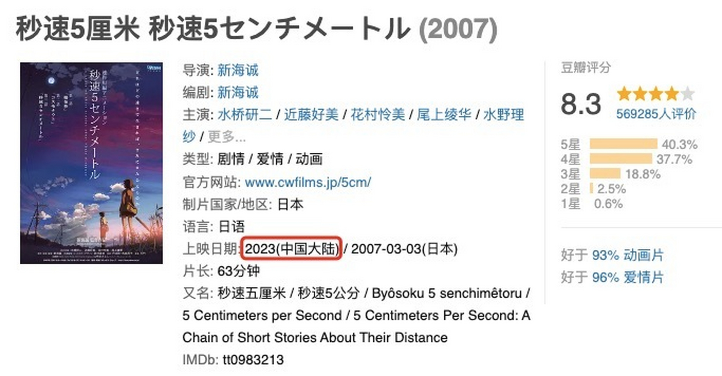 《秒速5厘米》豆瓣页面显示本片将于2023年在内地上映.