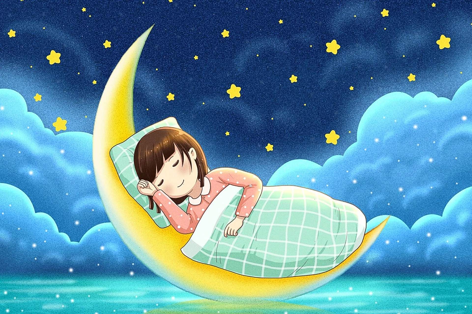 可爱童趣 i 晚安插画 i  云端睡觉女孩 素材内容