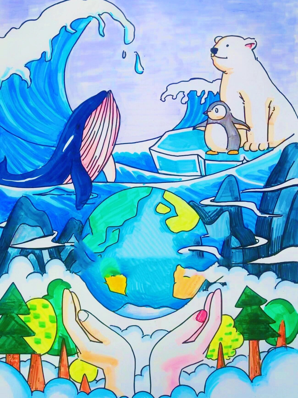 96今日绘画主题"尊重自然61敬畏生命" 91保护生态环境,拥抱绿色