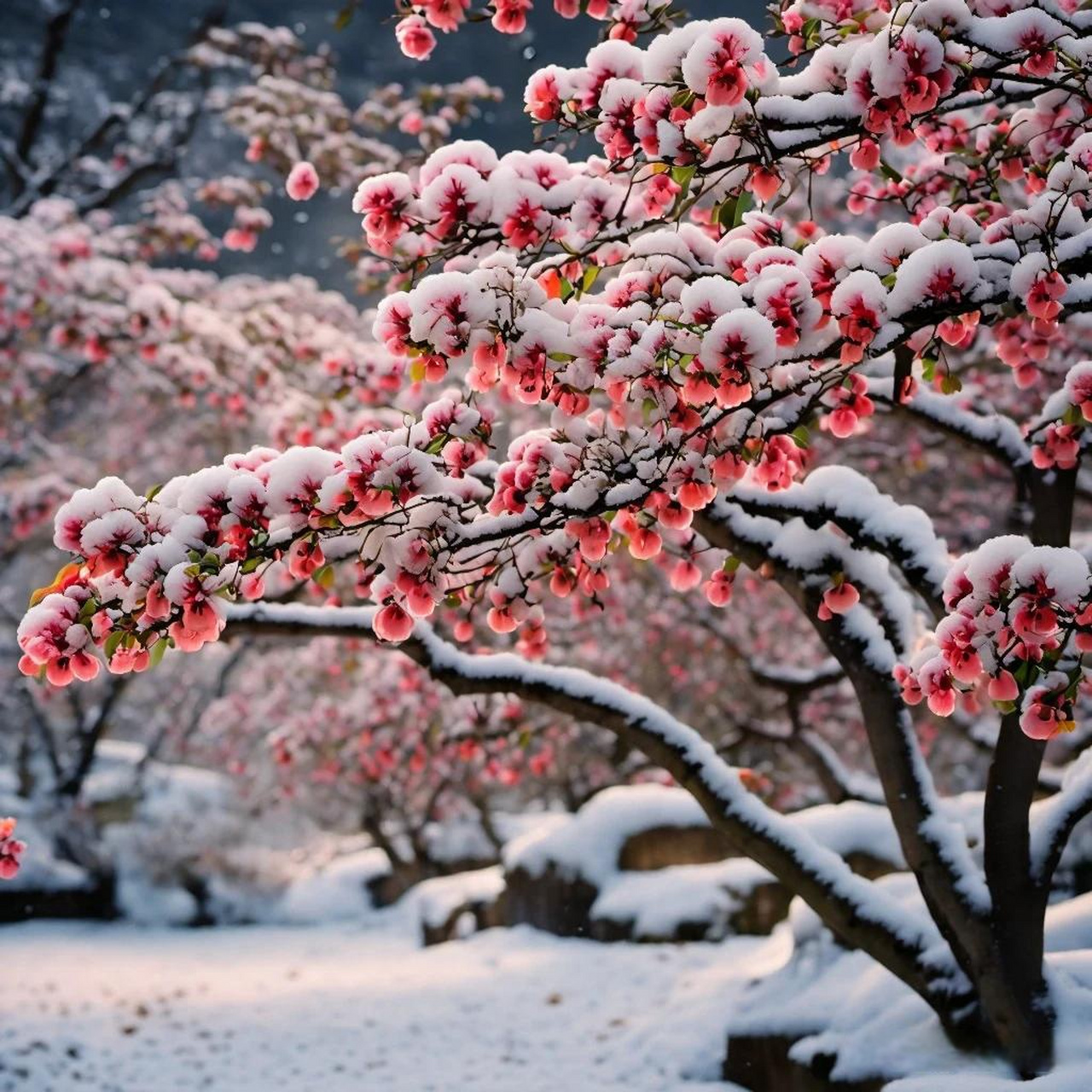 《梅花独傲》  红梅挺立雪中鲜, 寒风瑟瑟自不弯.