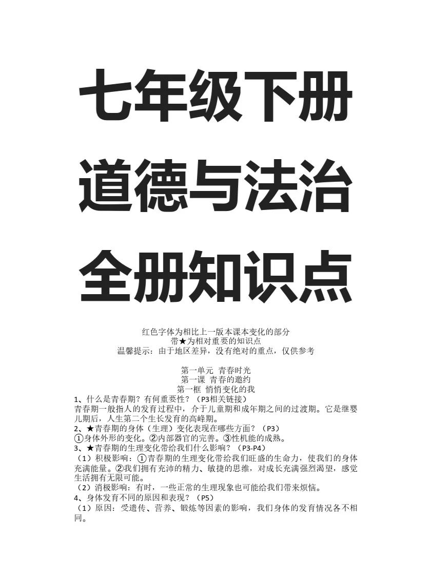 七年级下册道德与法治全册知识点