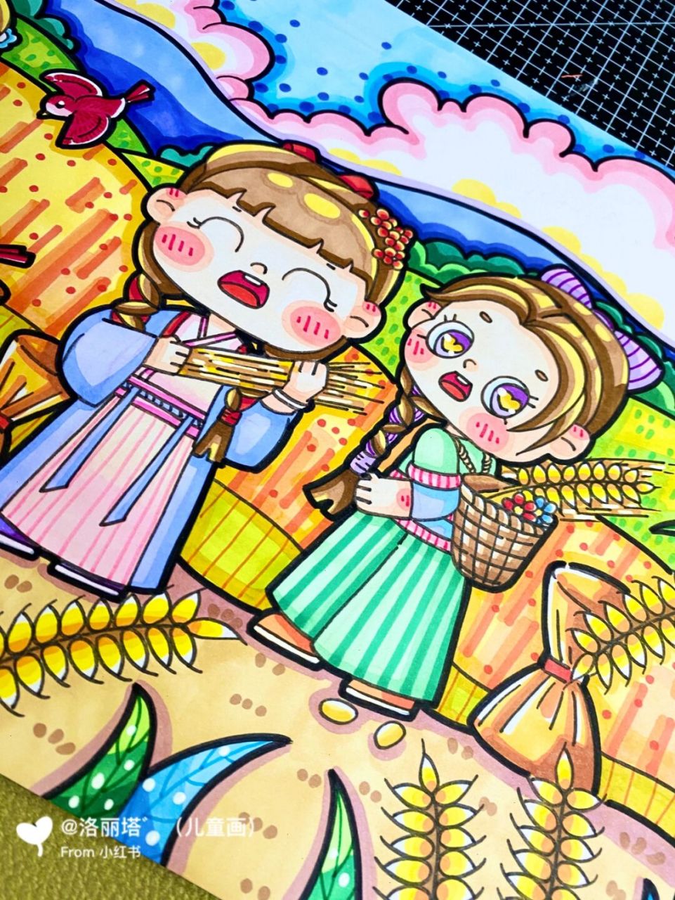 原创幼教考编主题画 节日主题《五一劳动节》 古装的小朋友在麦田里的