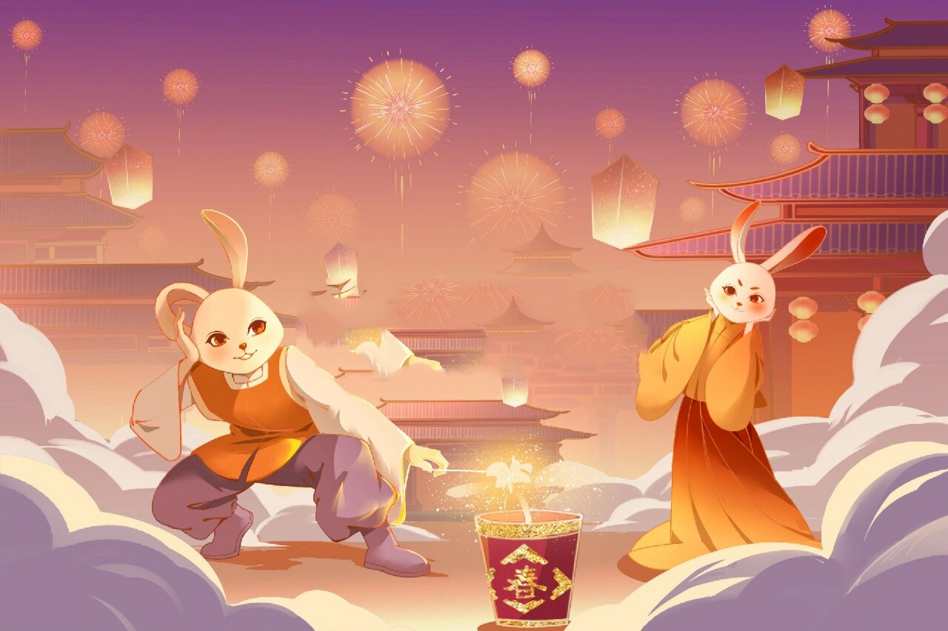 兔年插画丨新年拟人古风兔子(40) 兔子可以放炮竹,着对联吗?