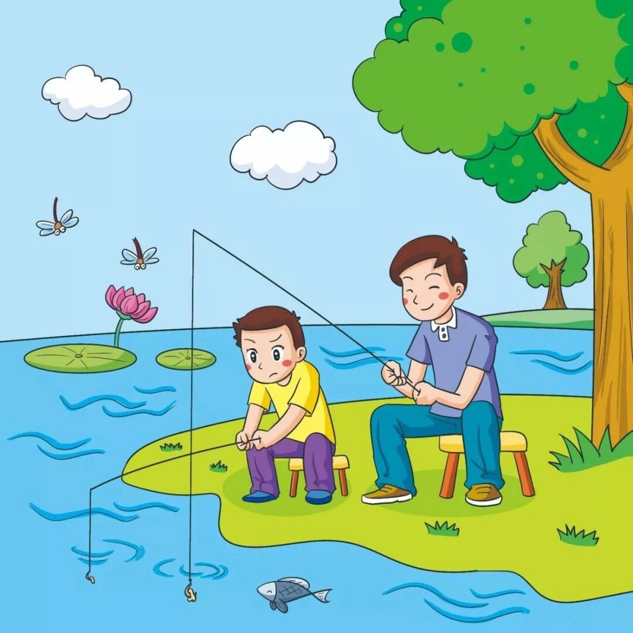 看图写话 钓鱼 星期天,风和日丽,爸爸带着我来到池塘边钓鱼