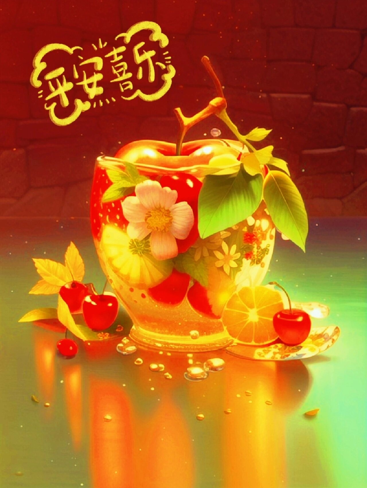 唯美意境平安喜乐苹果特效背景素材
