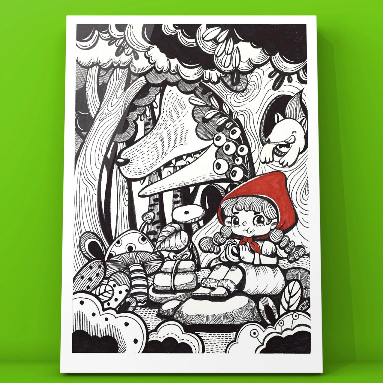 10岁 创意美术手绘线描插画  小红帽跟大灰狼谁才是背后的那一个?