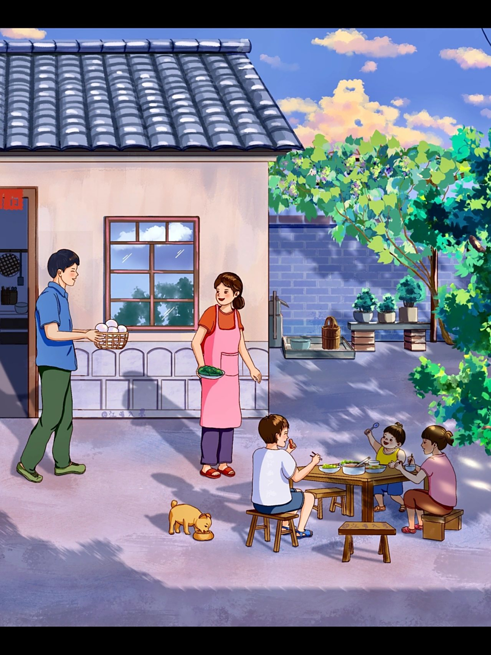 57/100童年回忆系列插画《乡下人家》 下午画画,小外甥说像他们课本上