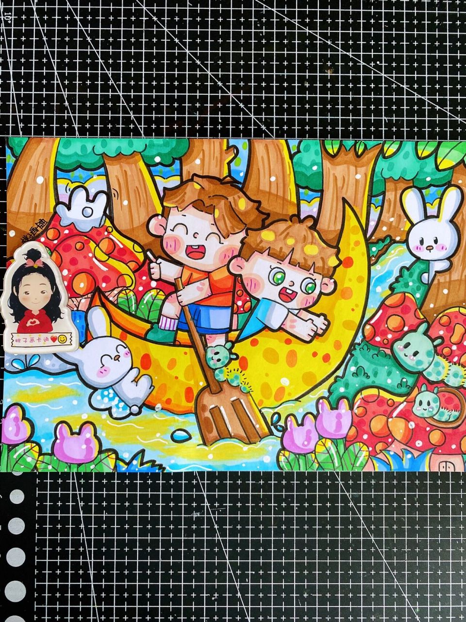 童年趣事主题儿童画|《划月亮船去森林探险》 汤圆老师交作业啦 a5