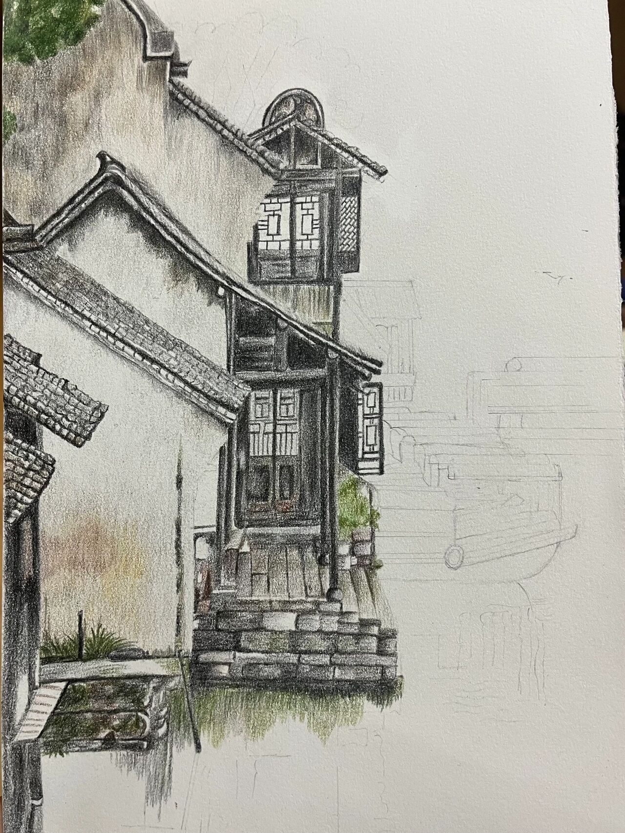 彩铅风景画/江南水乡 临摹小米与石石彩铅画