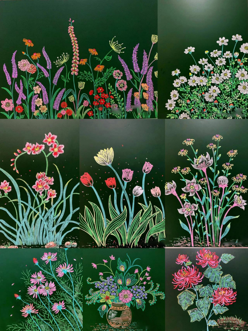 花儿 黑板报素材(粉笔画) 最近发现有一些人盗我的笔记,所以加个水印.