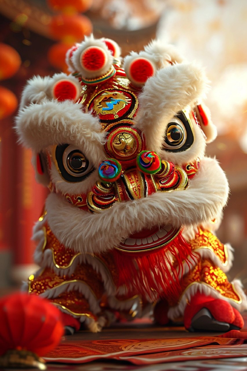 2024新年壁纸-表情呆萌的醒狮 #新年壁纸# #新年插画# #国粹# #这波年