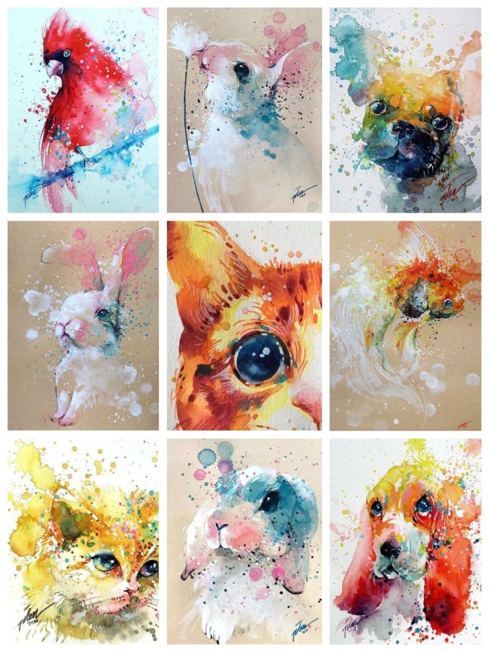 新加坡艺术家tilen tiu,泼墨手法绘制的动物水粉画.