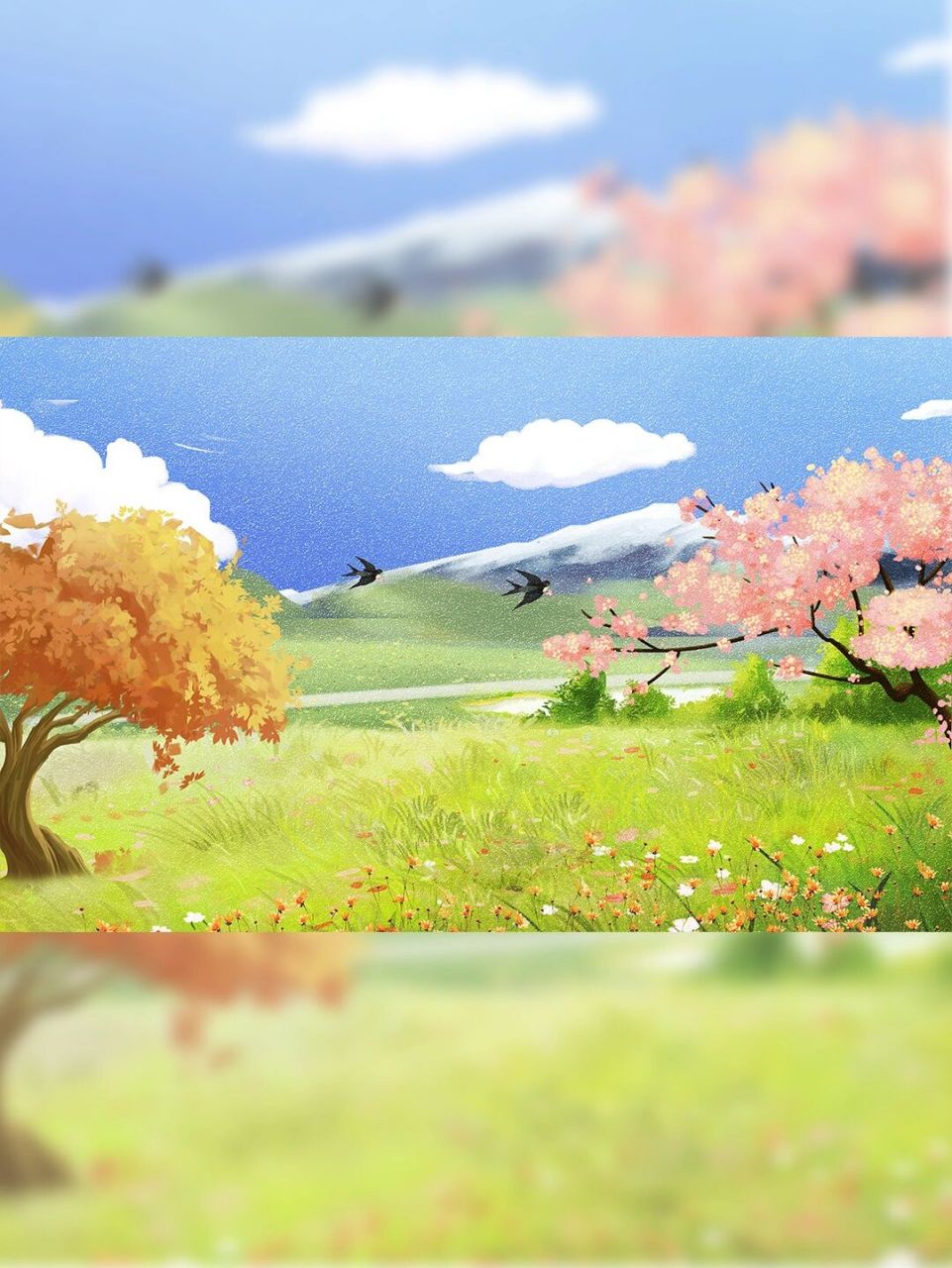 63  蓝天白云草地樱花女孩放风筝春天插画 春分春天插画草地卡通唯美