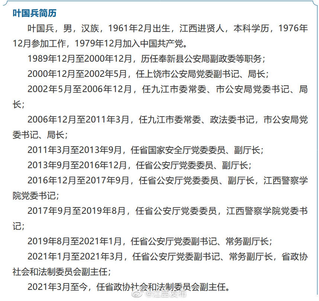 【江西省政协社会和法制委员会副主任叶国兵接受纪律审查和监察调查】