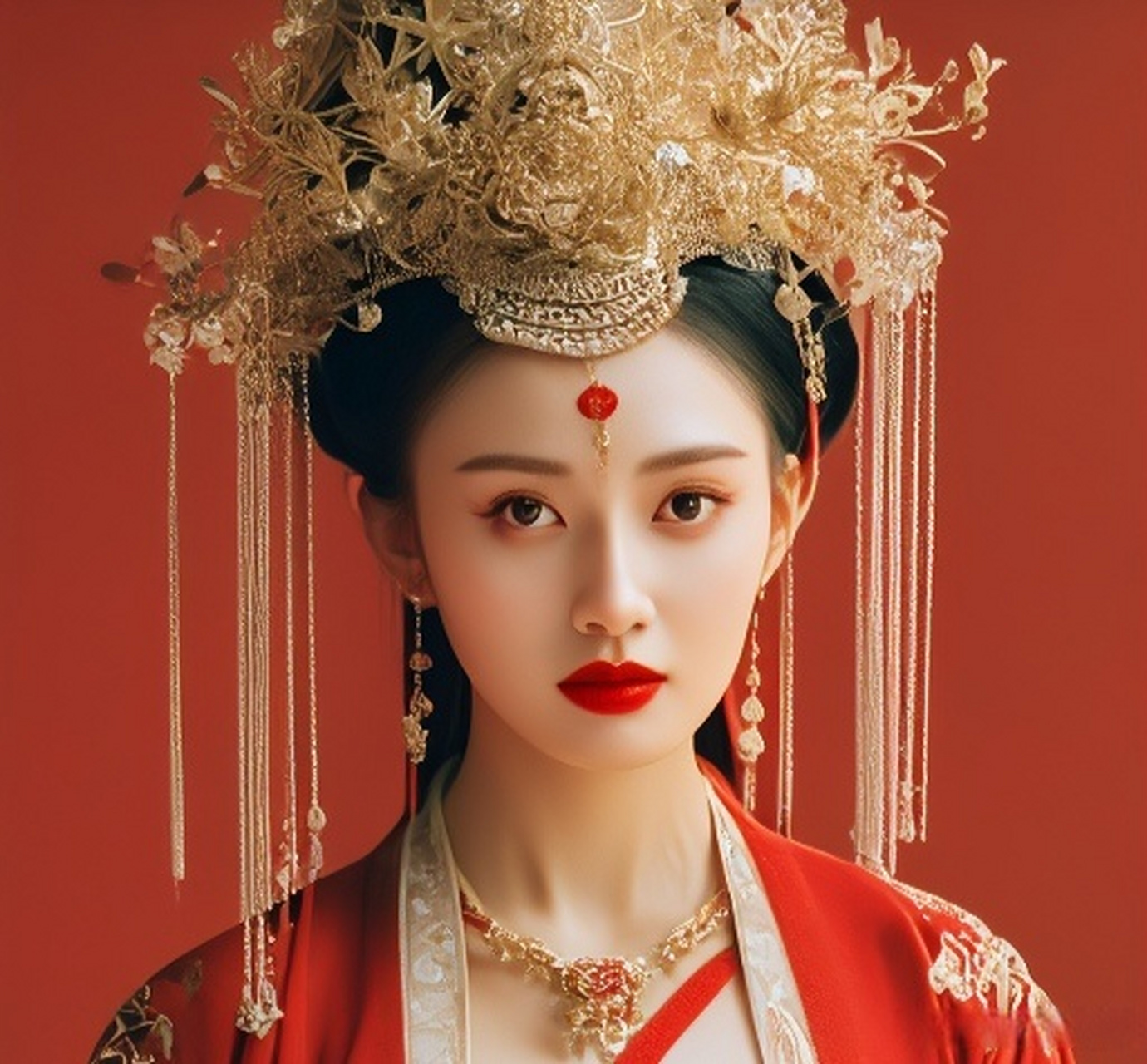 今天是个好日子,我试用智能创作了一位东方女姓;她身穿红色古装,华丽