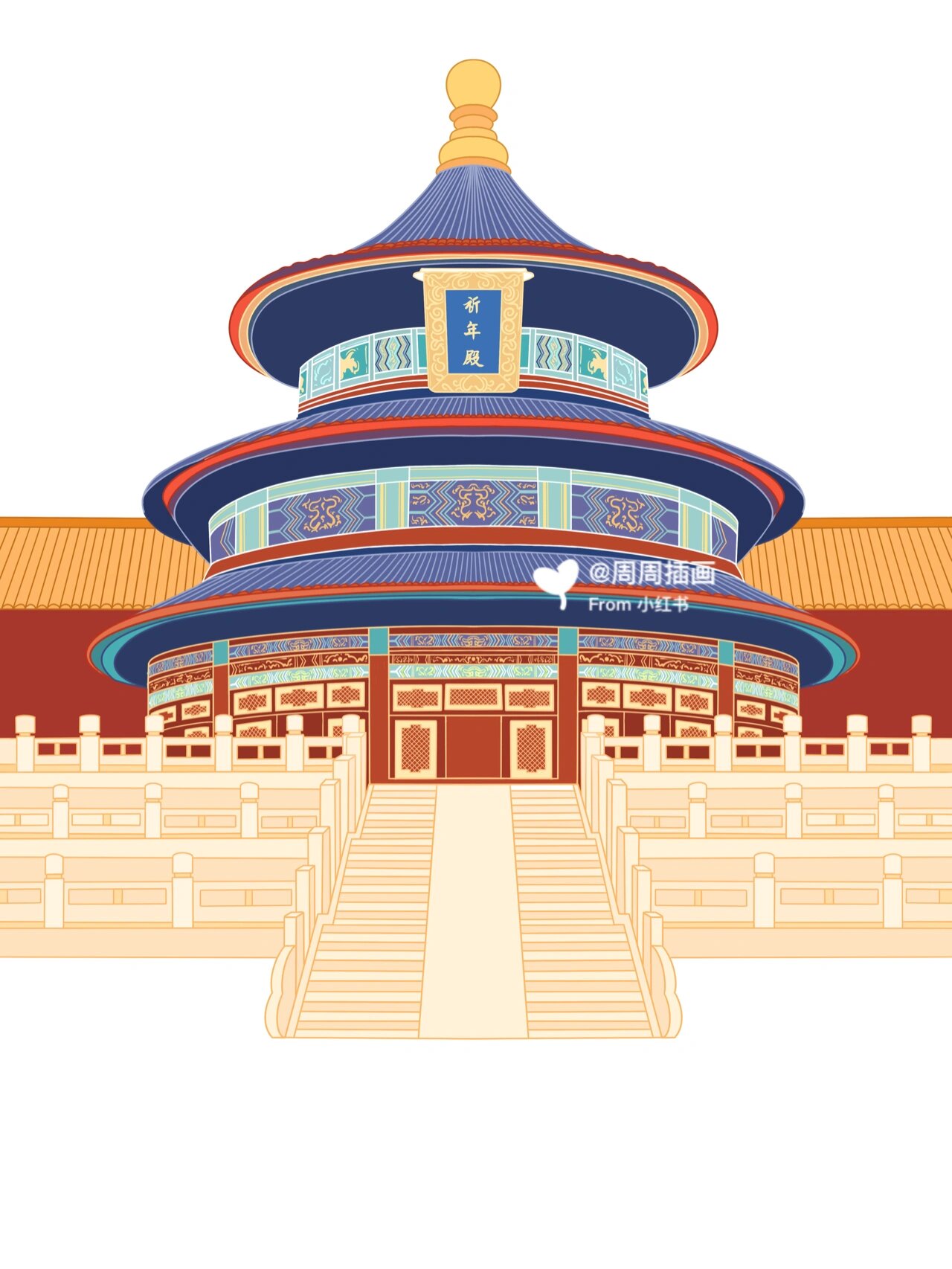 国潮城市插画|北京天坛|国潮风建筑步骤图